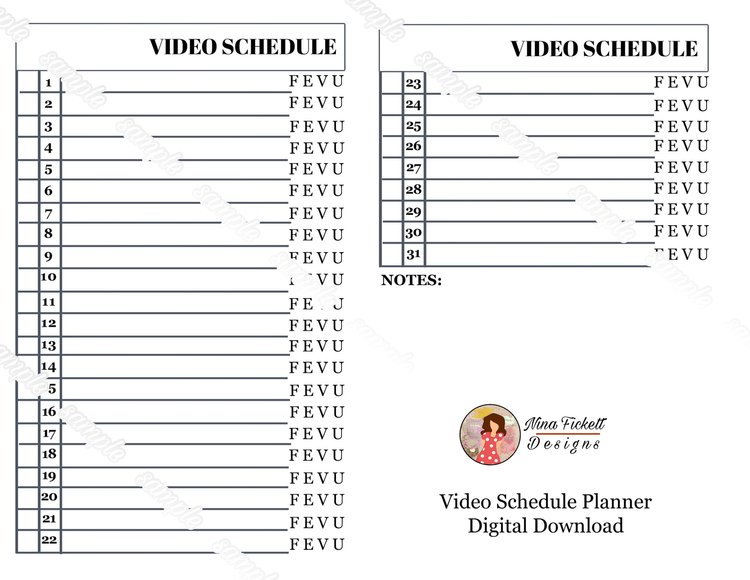 Monthly Video Scheduler Planner Insert - Digital Download