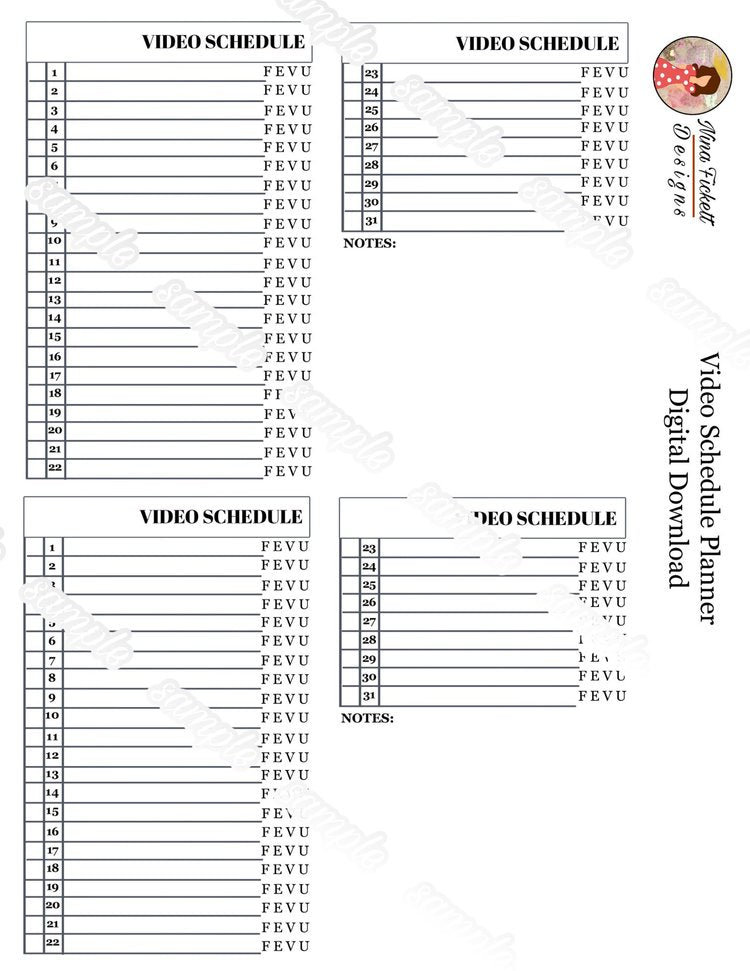 Monthly Video Scheduler Planner Insert - Digital Download